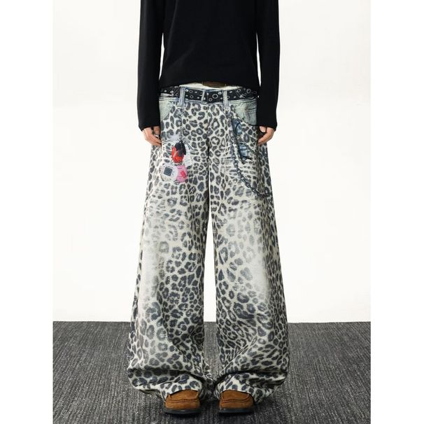 "Men's Retro Leopard Print Denim Pants – Double Waistband & 3D Print Design | Loose Fit Wide-Leg Jeans | 90s Vintage Streetwear"_mkmklike.com