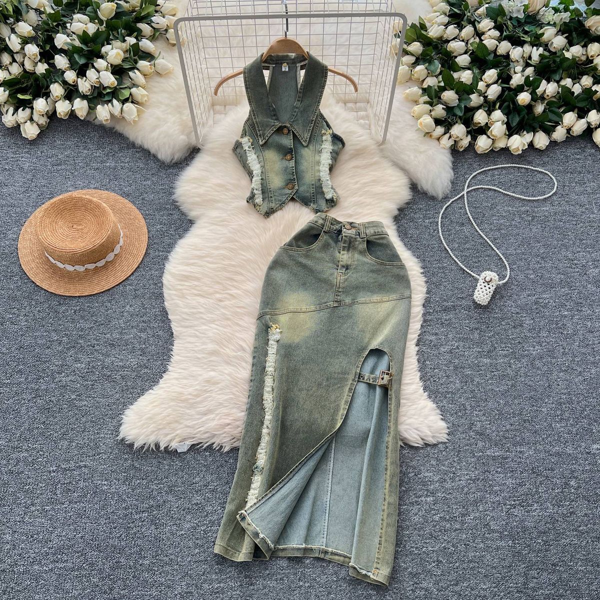 Women's Clothing Retro Washed Distressed Halter Neck Sleeveless Lapel Raw Edge Denim Top Two Piece Set Slit Slim Skirt_mkmklike.com
