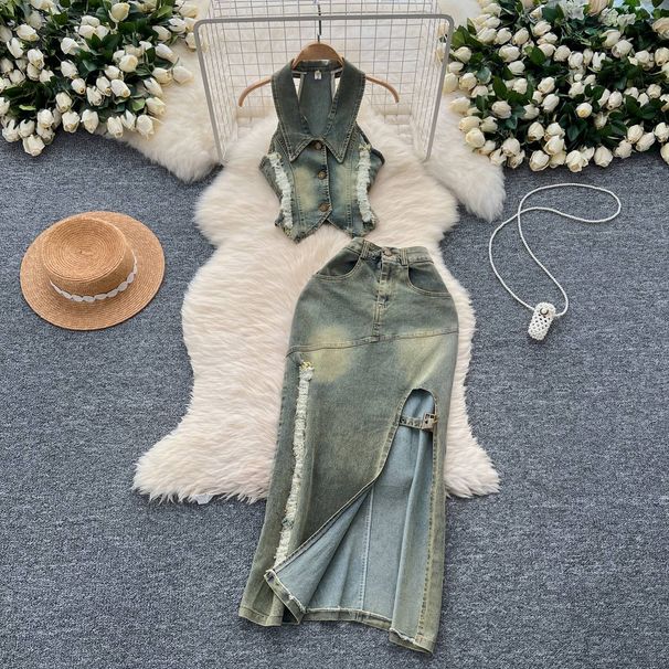 Women's Clothing Retro Washed Distressed Halter Neck Sleeveless Lapel Raw Edge Denim Top Two Piece Set Slit Slim Skirt_mkmklike.com