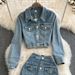 Women's Denim Jacket & High Waist Pencil Skirt Two-Piece Set - Slim Fit Short Cropped Blazer With Button Front & Bodycon Mini Skirt (Blue, S/M/L)_mkmklike.com