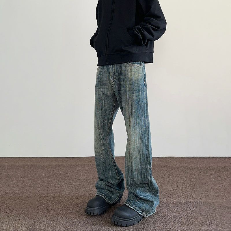 Cleanfit Vintage Washed Jeans - High Street Distressed Denim Pants For Men & Women, Straight To Slight Flare, Retro Blue_mkmklike.com
