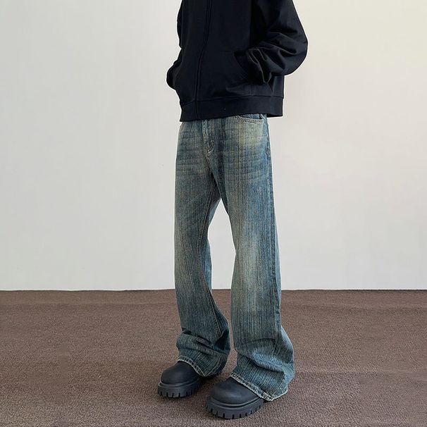Cleanfit Vintage Washed Jeans - High Street Distressed Denim Pants For Men & Women, Straight To Slight Flare, Retro Blue_mkmklike.com
