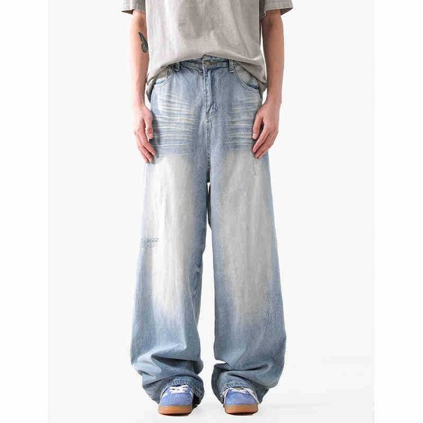 Vintage Distressed Light Blue Bleached Jeans for Men Versatile Wide Leg Pants American Style Vibe Washed Midweight Softener Fabric_mkmklike.com