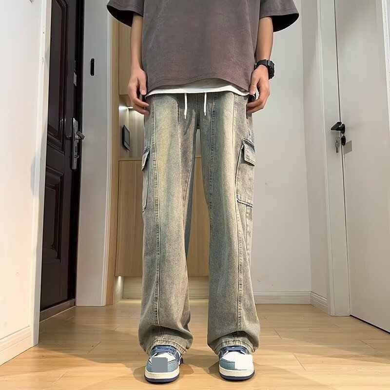 Trendy Men's Summer Jeans Hip Hop High Street Style Personalized Letter Print Midweight Cotton Wide Leg Trousers Black Blue_mkmklike.com