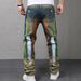 Streetwear Distressed Jeans For Men – High-Street Slim Fit Paint-Splatter Denim Pants, Non-Stretch Skinny Fit (28-40, Olive Green)_mkmklike.com