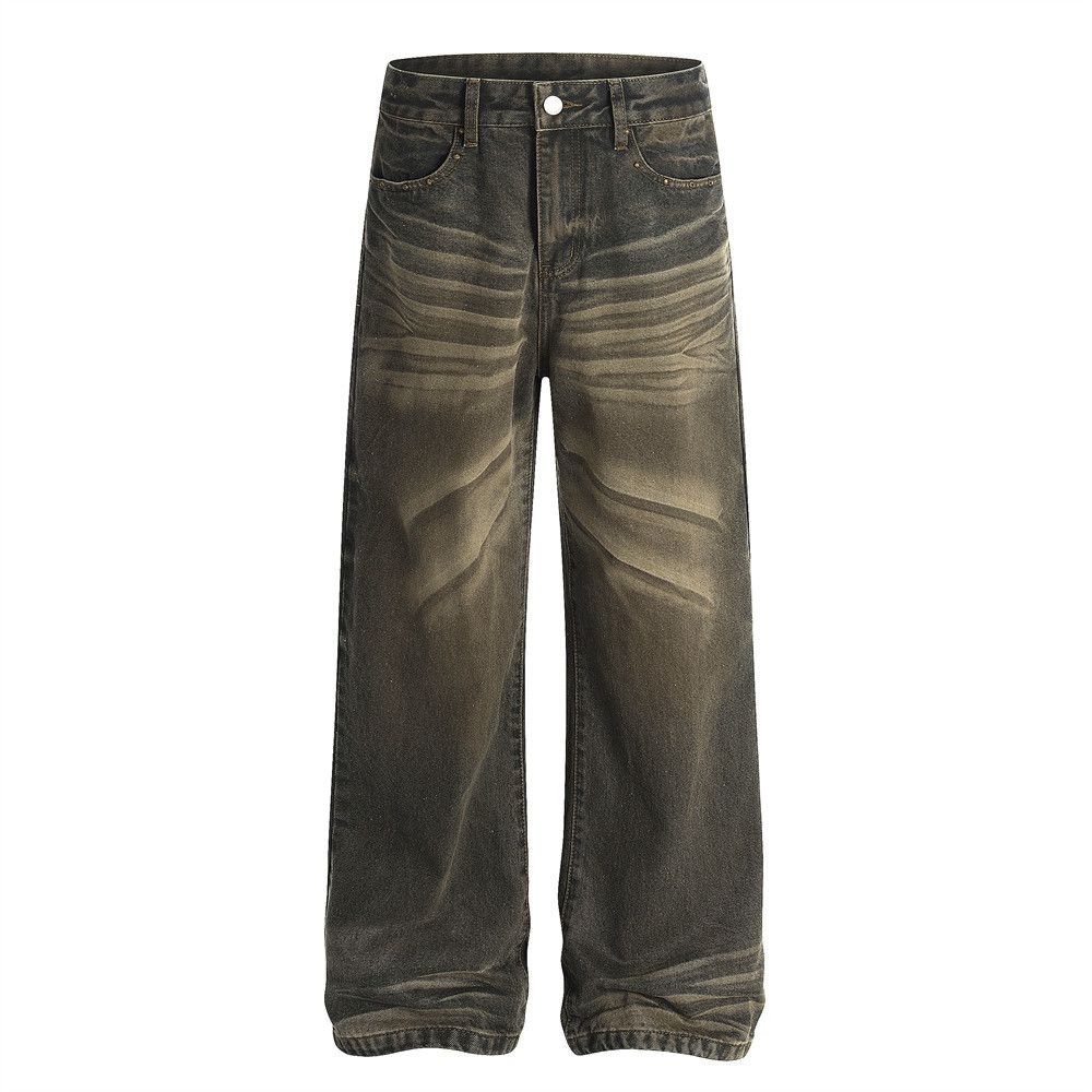 Punk Wasteland Vintage Dirty Jeans Niche Loose Button Design Distressed Washed Straight Long Pants For Men_mkmklike.com