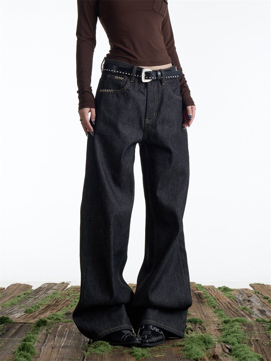 Unisex American Retro Design Wide Leg Trousers Loose Fit Slimming Black Straight Leg Pants Versatile Denim Jeans_mkmklike.com