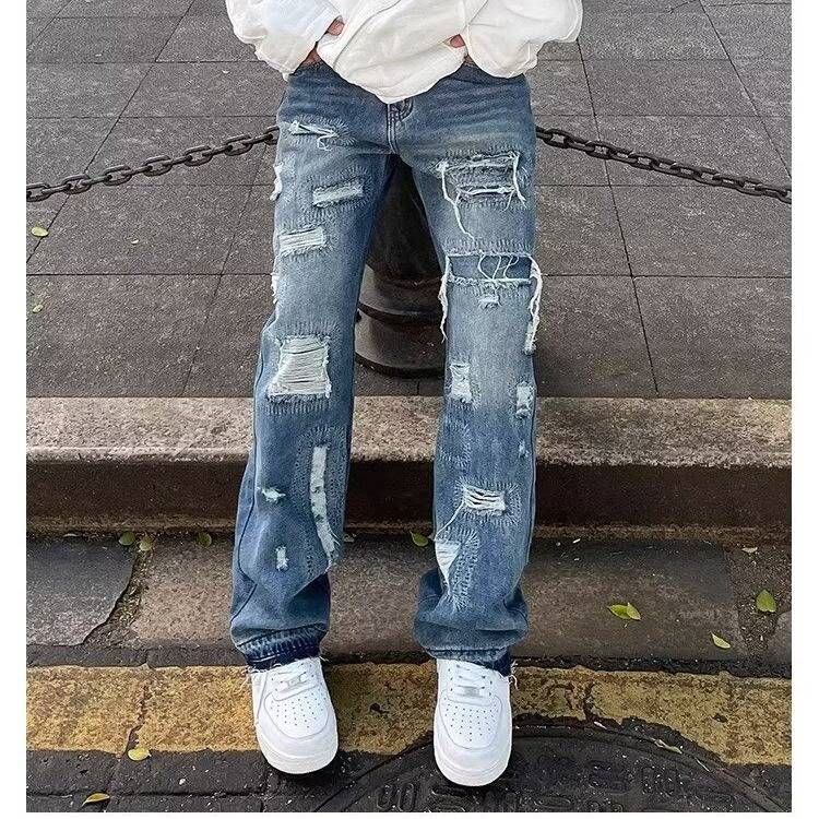 Men's Hip Hop Distressed Jeans - Ripped Straight Leg Denim Pants For Casual Streetwear (Blue, Xl/Xxl)_mkmklike.com