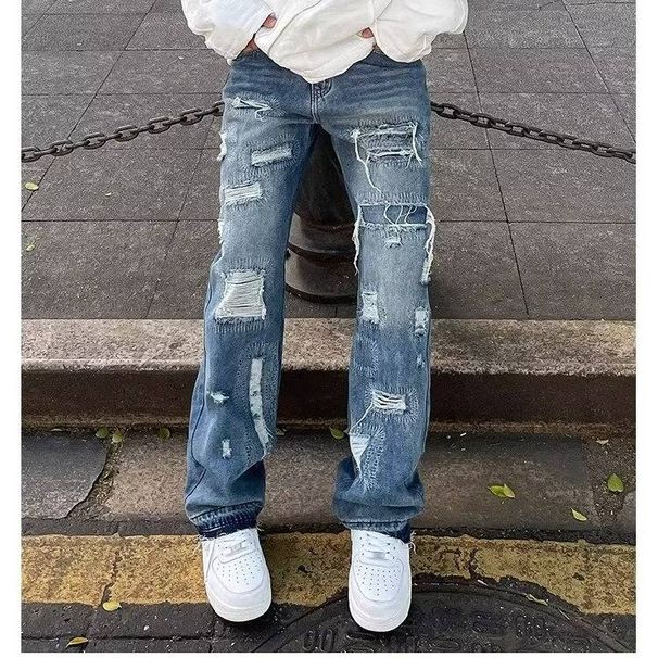 Men's Hip Hop Distressed Jeans - Ripped Straight Leg Denim Pants For Casual Streetwear (Blue, Xl/Xxl)_mkmklike.com