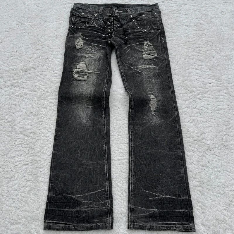 Men's Clothing Washed Jeans Gothic Style Retro Flared Double Waist Trousers_mkmklike.com