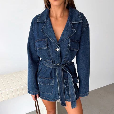 Women's Fashionable Casual Lapel Denim Jacket Mid-Length Belted Style European American Autumn Trend 2026 6253_mkmklike.com