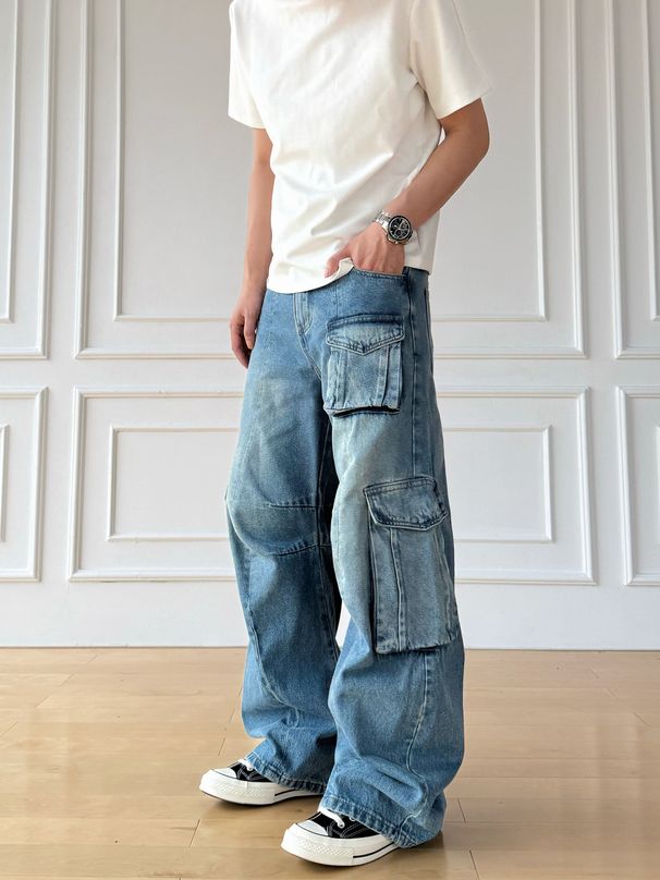 Men's Vintage American Workwear Jeans – Distressed Light Wash With Multi-Pocket Design, Loose Fit & Raw Hem Detail_mkmklike.com