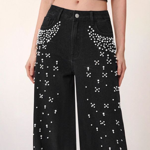 Women's Distressed Straight Leg Jeans Rhinestone Embellished Denim Pants Comfort Fit Stretch_mkmklike.com