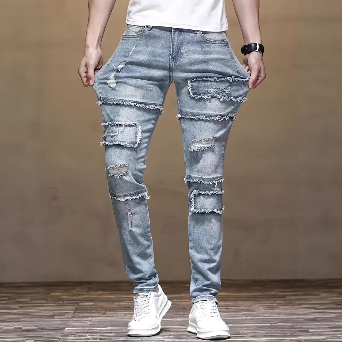 Men's Distressed Slim Fit Stretch Jeans - Light Blue Ripped Denim Pants With Raw Hem (30-40, Cotton Blend, Streetwear Style)_mkmklike.com