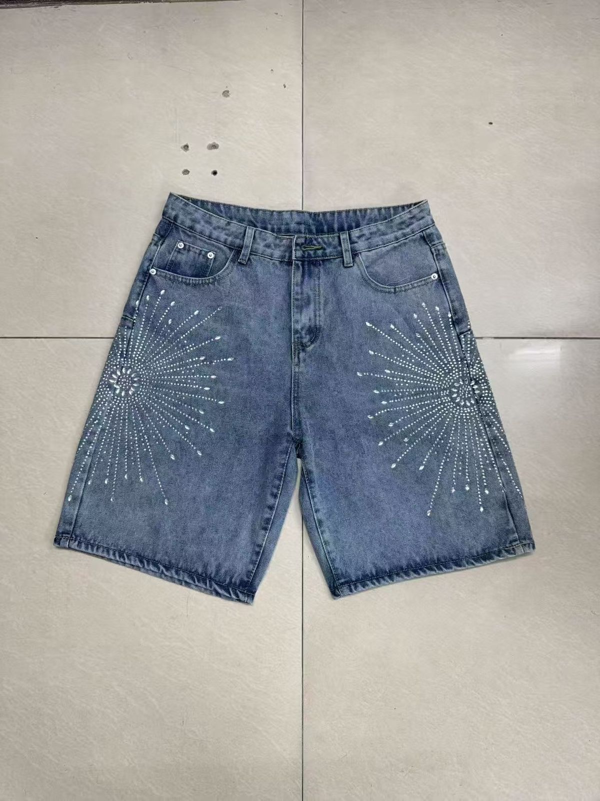 Men’s Rhinestone Embellished Denim Shorts – Vintage Washed Blue, Straight Fit, Non-Stretch (XL-3XL, Summer Casual Wear)_mkmklike.com