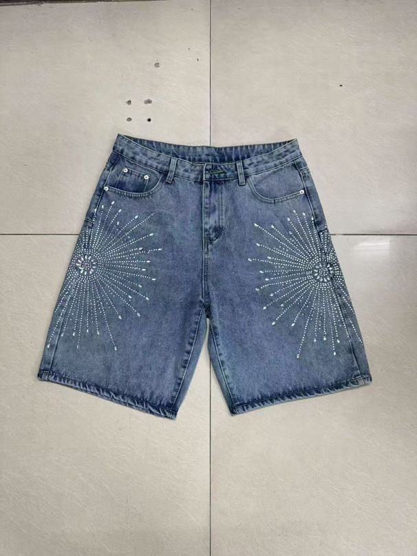 Men’s Rhinestone Embellished Denim Shorts – Vintage Washed Blue, Straight Fit, Non-Stretch (XL-3XL, Summer Casual Wear)_mkmklike.com