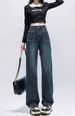 Women's Clothing High-Waisted Fleece Lined Denim Jeans Blue Grey Thick Warm Wide Leg Long Pants With Pockets Straight Leg Floor Length_mkmklike.com