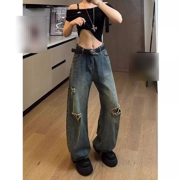 Men's High Street Vibe Trendy Yellow Mud Dyed Washed Distressed Jeans Loose Straight Wide Leg Pants American Retro Style_mkmklike.com