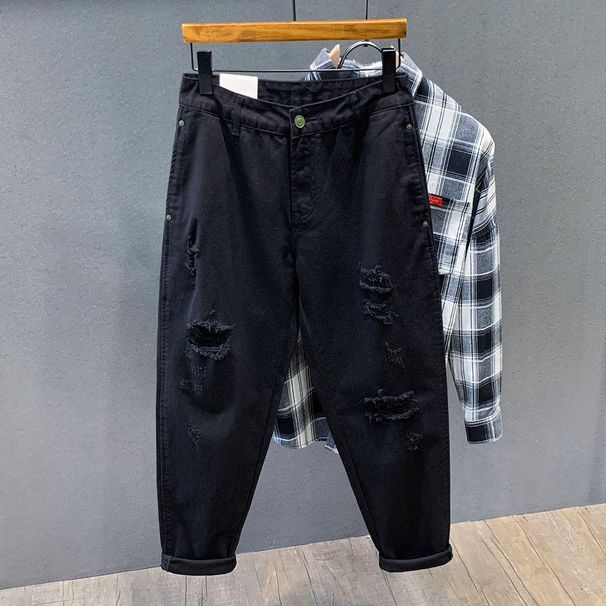 Men's Black Ripped Jeans High Street Style Loose Straight Leg Casual Distressed Denim Pants For Urban Streetwear_mkmklike.com