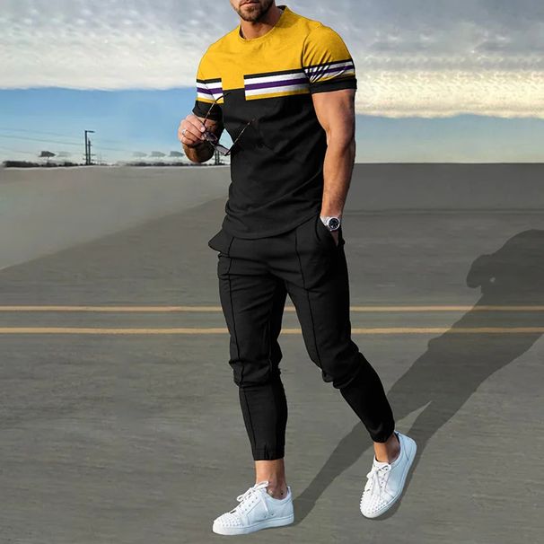 Men's Clothing casual short-sleeved suit 3D digital printing color stripes fashion short-sleeved trousers suit_mkmklike.com