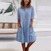 Women's Clothing Mesh Splicing Solid Color Denim Short Sleeved Dress Long Skirt_mkmklike.com