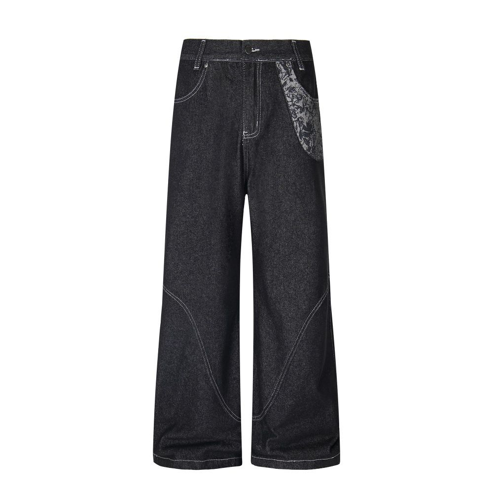 American High Street Wide-Leg Jeans With Patchwork Pockets, Unique Design, Stitched Topstitching, Slightly Flared Pants,_mkmklike.com