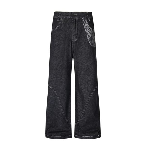 American High Street Wide-Leg Jeans With Patchwork Pockets, Unique Design, Stitched Topstitching, Slightly Flared Pants,_mkmklike.com