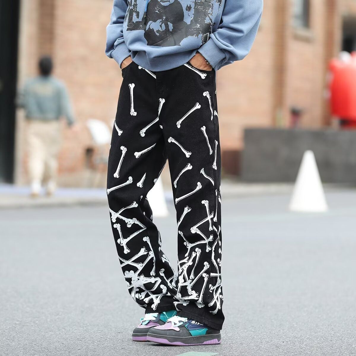 Men's High Street Punk Straight Leg Pants Bone Print Cargo Hip Hop Cool And Stylish_mkmklike.com
