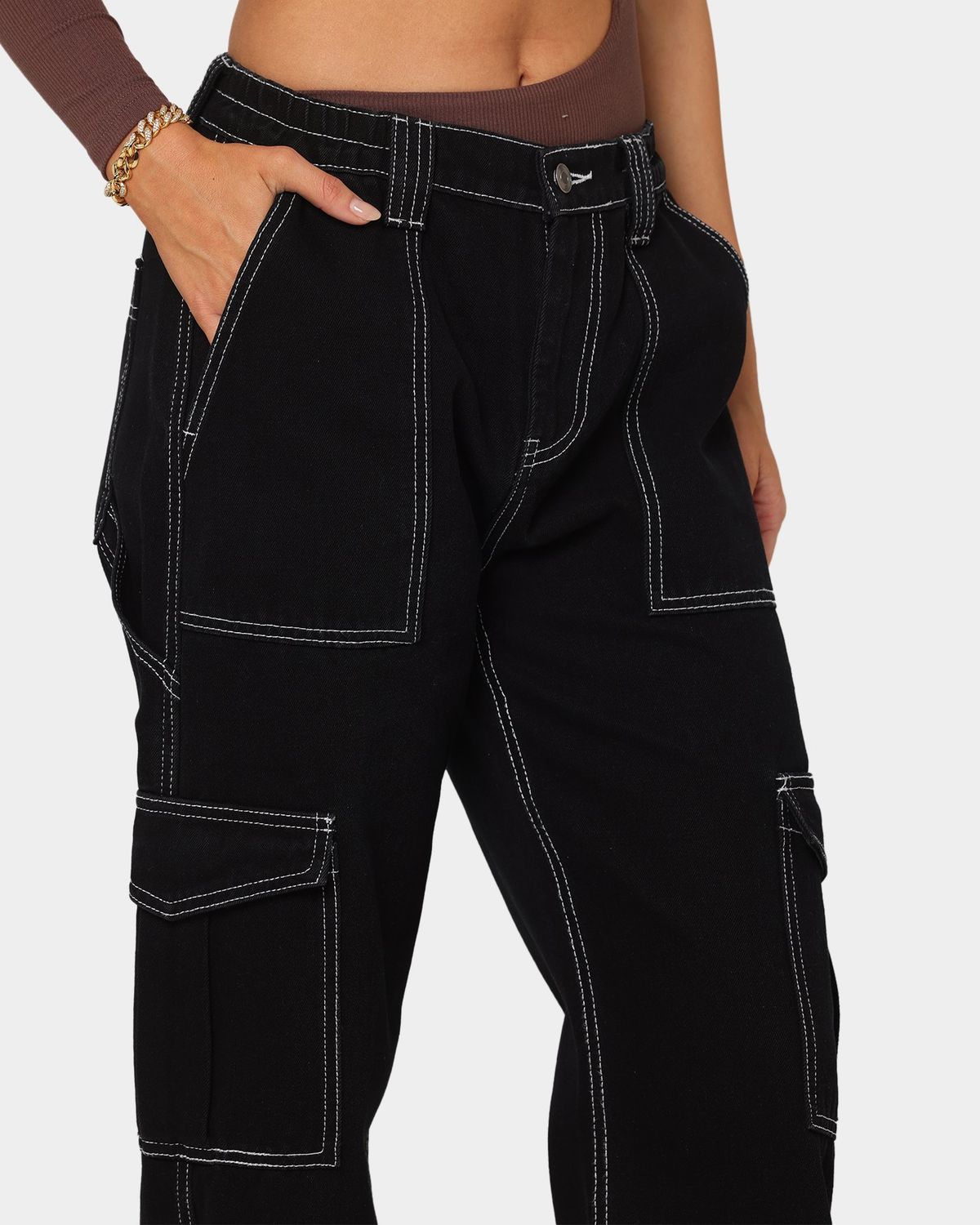 Women's Clothing Women's High Waisted Elastic Waistband Waist Cut Pants Loose Wide Leg Workwear Multi Pocket Jeans_mkmklike.com