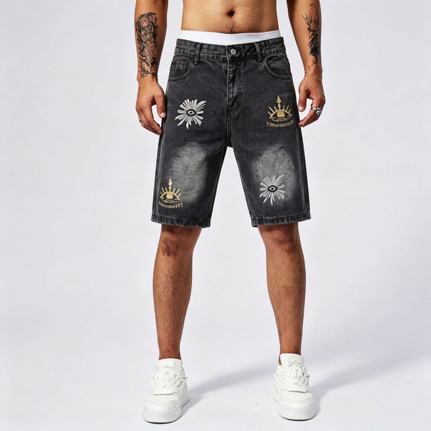 Men's Distressed Denim Shorts All-Seeing Eye Print American Streetwear Style Summer Baggy Cargo Jeans_mkmklike.com