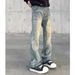 Men's Vintage High Street Vibe Washed Straight Leg Bootcut Jeans - Retro Yellow Mud Dye Denim Pants_mkmklike.com