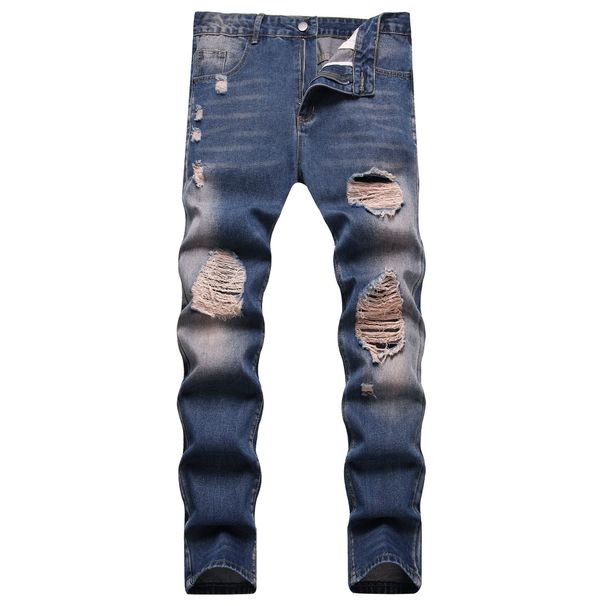 Men's Distressed Denim Jeans – Straight Fit Ripped Cotton Pants For Streetwear (Sizes 28-40, Blue)_mkmklike.com