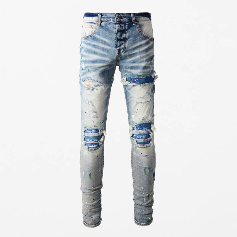 Men's Clothing High Street Fashion Jeans Retro Blue Slim Patch Button Placket Denim Trousers_mkmklike.com