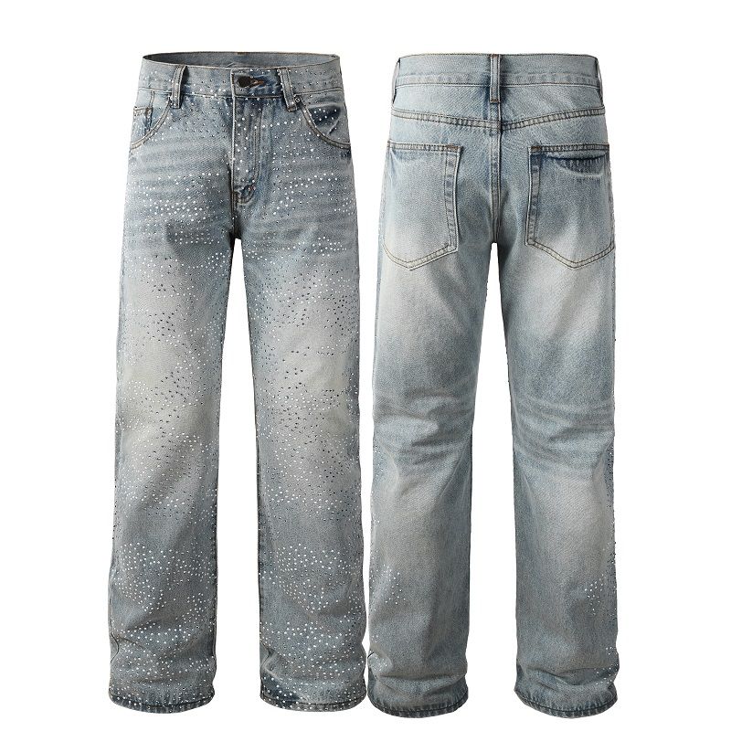 Hot Seller Rhinestone Patch Male Blue BaggyWash Plus Sizes Jeans High Street Rock Revivaleans Men_mkmklike.com