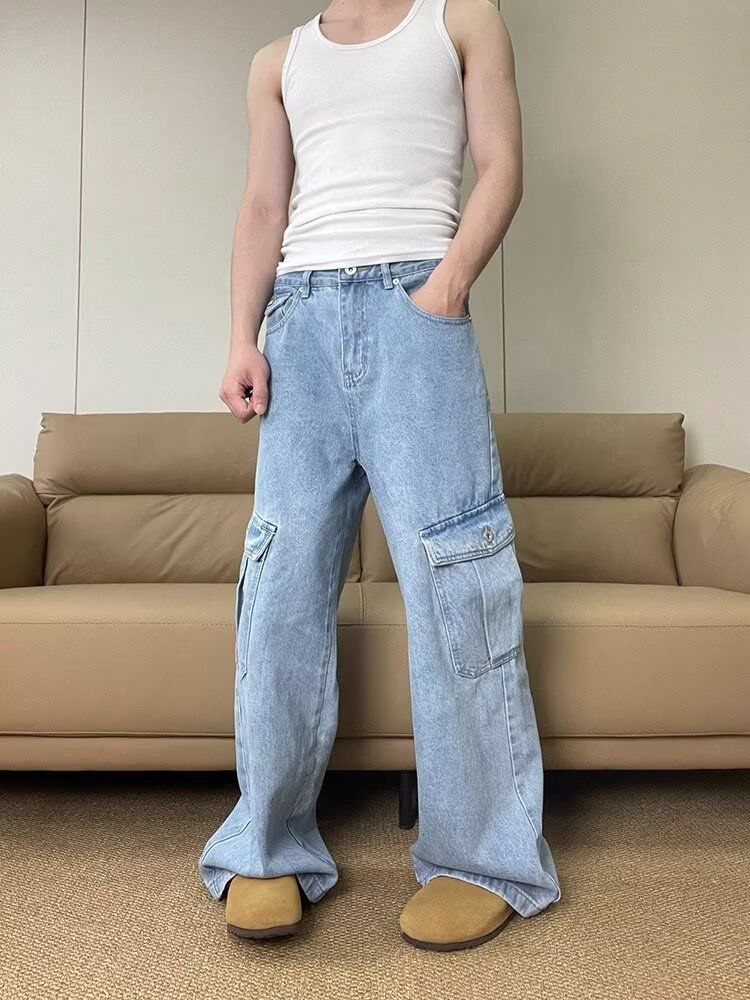 Vintage Washed Denim Cargo Pants For Men & Women - Relaxed Fit Wide Leg Jeans With Multiple Pockets - Comfortable Polyester Workwear Trousers_mkmklike.com
