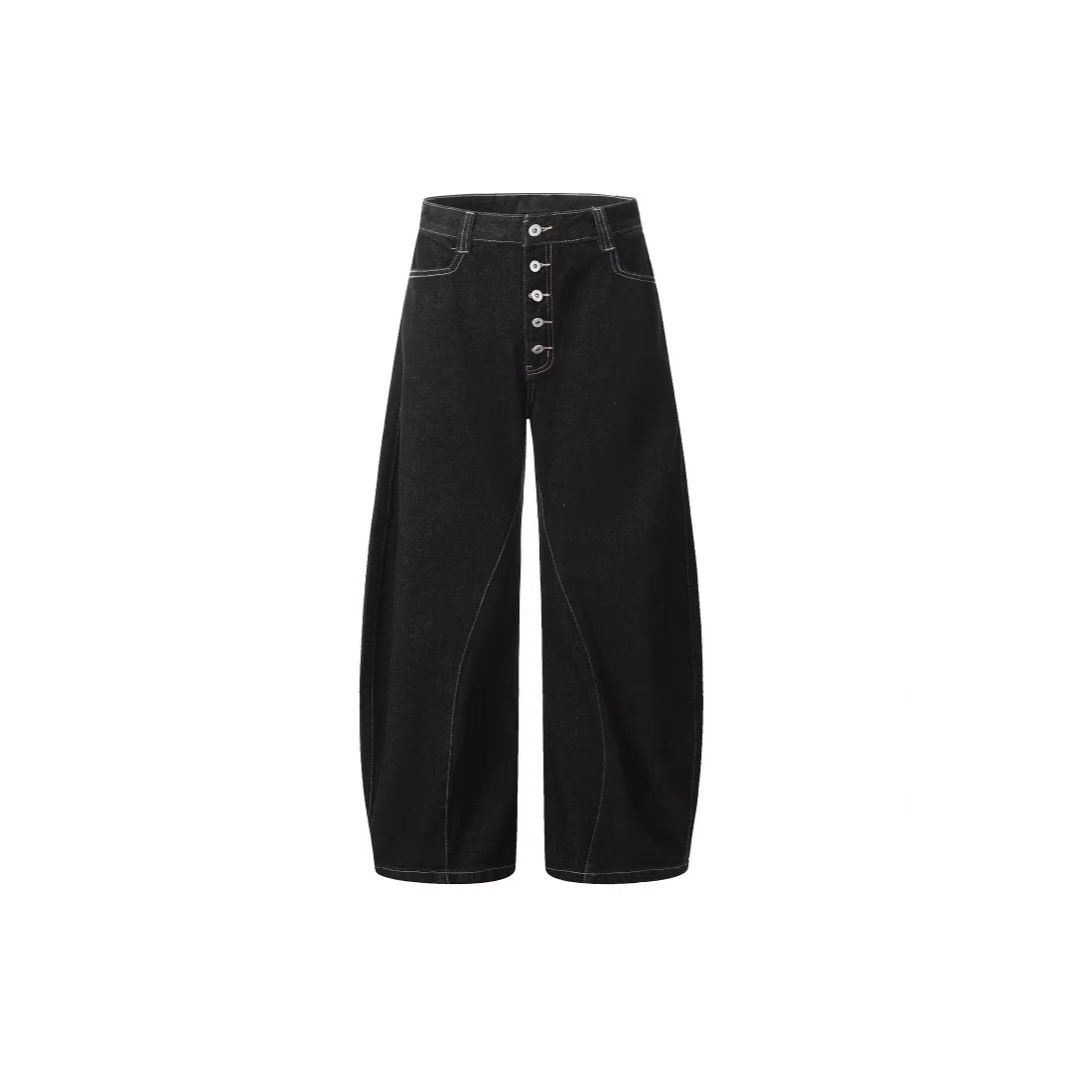 Men's & Women's Black Vintage Denim Wide-Leg Jeans – High Waist Button Fly Retro Workwear Pants With Distressed Wash_mkmklike.com