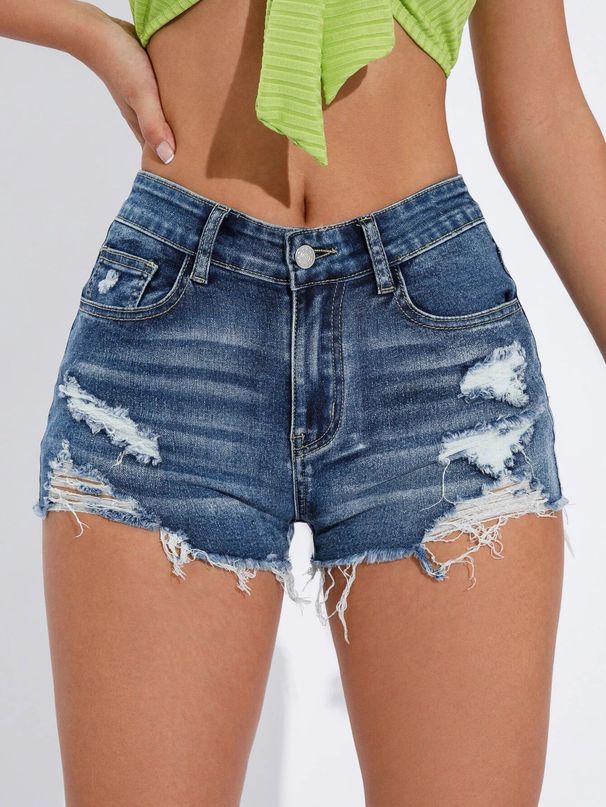Women's Clothing High Elastic Hole Cut Blue High Waist Women's Denim Shorts_mkmklike.com