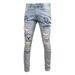 Men's Slim Fit Distressed Jeans – Lightweight Stretch Denim With Handmade Embroidery & Patch Details (28-36) – Skinny Tapered Pants_mkmklike.com