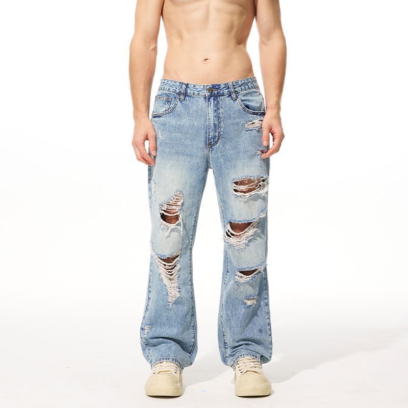 Men's Distressed Denim Jeans Straight Leg Streetwear Nightclub Monkey Whiskering Hand Stitched Ripped_mkmklike.com
