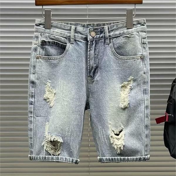 Men's Trendy Ripped Denim Shorts Thin Style Summer Casual Straight Leg Mid Length Five Point Riding Breeches_mkmklike.com