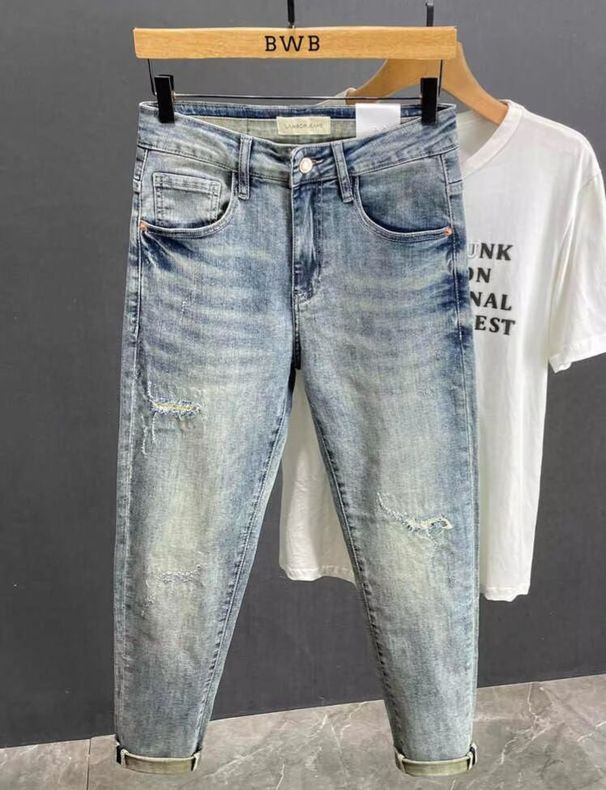 Men's Slim-Fit Distressed Jeans – Lightweight Summer Denim With Artistic Embroidery_mkmklike.com