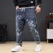 Large Size Men's Checkerboard Elastic Jeans Men's Trendy Brand Multi-functional Drawstring Jeans Men's Small Straight Pants_mkmklike.com