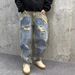 Men's Clothing Casual Handsome Heavy Retro Ripped Patch Jeans Straight Loose Beggar Wide Leg Pants_mkmklike.com