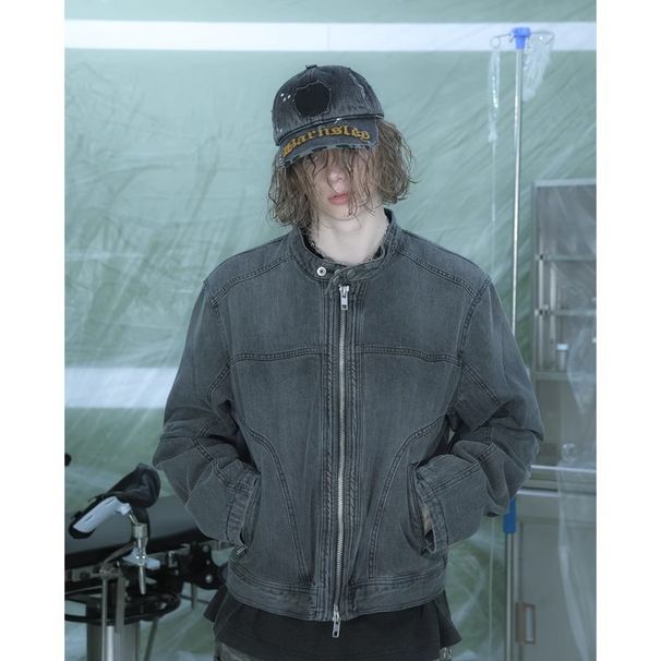 Men's Clothing Washed Distressed Denim Jacket Vintage Washed Distressed Denim Jacket For Men - High Neck Streetwear Coat, Oversized Fit, Black Wash_mkmklike.com