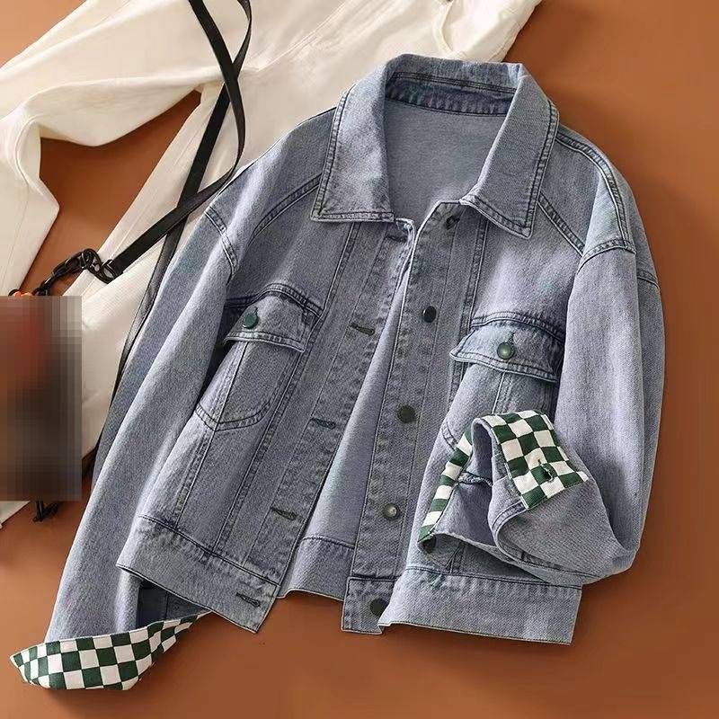 Women's Casual Checkered Denim Jacket - Relaxed Fit Oversized Green & Blue Plaid Spring/Fall Coat With Polo Collar_mkmklike.com