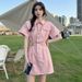 Short Sleeved Denim Dress For Women's New Style, With Cinched Waist, Showing Slender Casual Figure, And A Stylish_mkmklike.com
