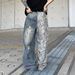Men's Retro Patchwork Washed Denim Jeans - Loose Straight Fit With Leopard Print & Distressed Details_mkmklike.com