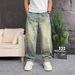 Men's High-End Whiskering Patchwork Washed Denim Jeans Loose Wide Leg Straight Leg Curved Trousers American Trendy Brand Spring/Summer Style_mkmklike.com
