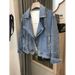 Women's Clothing Vintage French Denim Jacket - Oversized Casual Blouse With Classic Lapel, Long Sleeve, Comfortable Polyester Blend (Blue, S/M/L/XL)_mkmklike.com