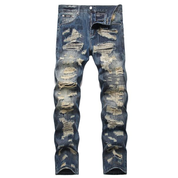 Men's Punk Distressed Jeans – Raw Edge Patchwork & Rebel Embroidery Slim Straight Fit (28-35) Tapered Straight Leg_mkmklike.com